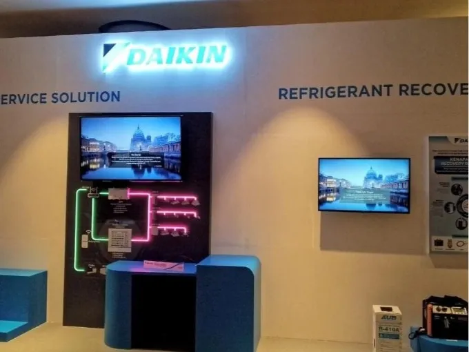 Sewa 2 unit TV LED 50 inch wallmount untuk booth pameran di Hotel Mulia Senayan Jakarta Pusat